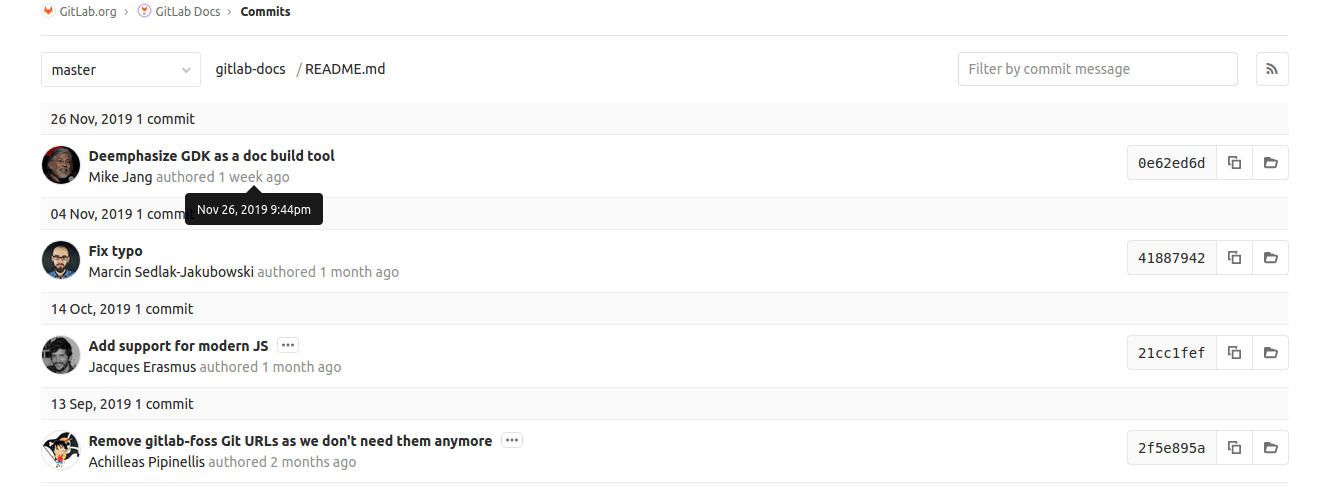 History button output Git log output